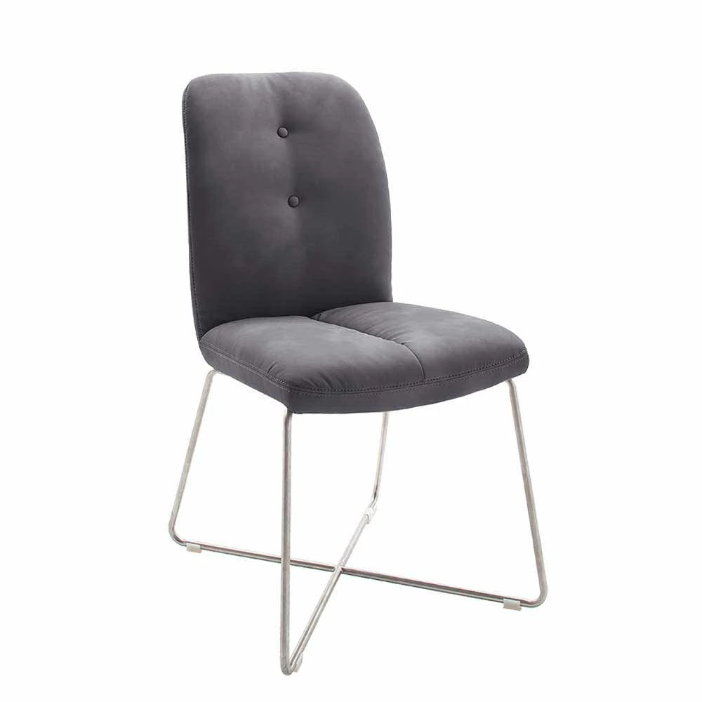 Esstischstuhl Mit Dünnen X-Kufen Aus Edelstahl Galiana & Kunstleder Grau (2er Set) - Image 2