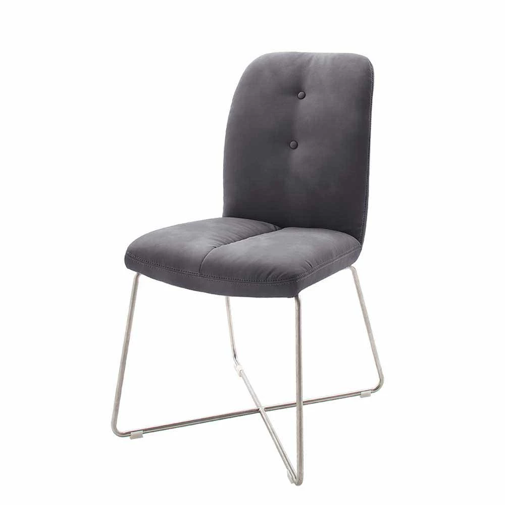 Esstischstuhl Mit Dünnen X-Kufen Aus Edelstahl Galiana & Kunstleder Grau (2er Set)