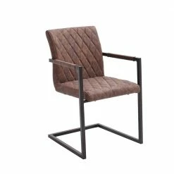 Freischwinger Stuhl Mit Armlehnen Ronald Mit Kunstleder Braun Rautenstepp (4er Set)